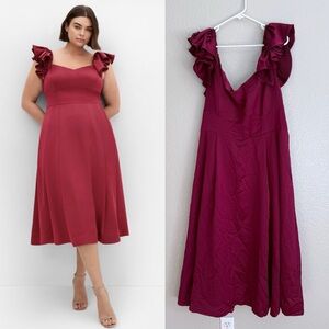 City Chic Plus Size Roselyn Burgundy Ruby Wine Midi Dress with Ruffle Detail